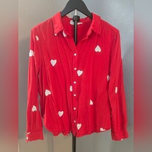 Red Heart Print Long Sleeve Button Down Valentine Shirt Size M